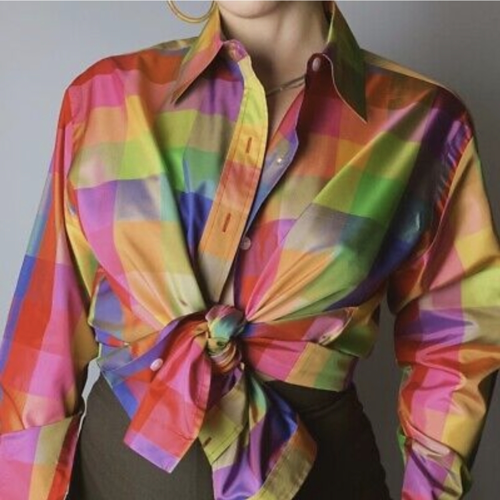 Isaac Mizrahi | Silk Blouse Rainbow Plaid Button Down Women’s Top (For Target) - Picture 8 of 8